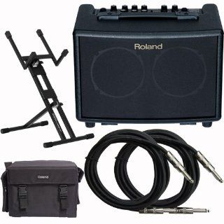 Roland AC 90 Acoustic Guitar Amp with Amp Stand & Instrument Cables Bundle Musical Instruments