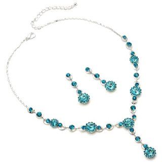 Silver Aquamarine Sunflower Y Neck Dangle Center Necklace & Matching Dangle Earrings Jewelry Set Jewelry