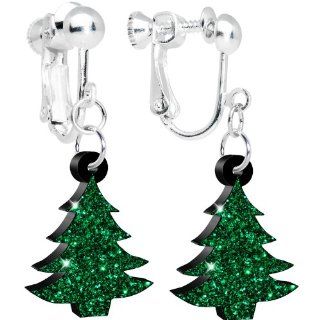 Hoiday Green Glitter Christmas Tree Clip On Earrings Jewelry