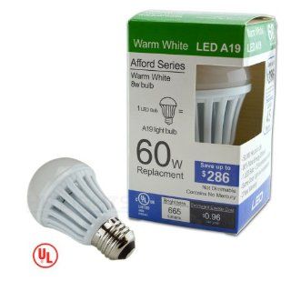 HitLights Afford A19 LED Light Bulb, 8 Watt (60W replacement) Warm White (2700K), UL Listed   Led Household Light Bulbs  