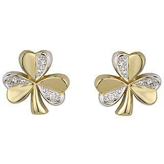 [CJS3124] 14K Gold Two Tone and Diamond Shamrock Stud Earrings Jewelry