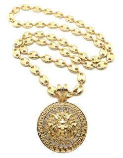 Hot Celebrity Style Gold Rhinestone Medusa Head Circle Pendant w/10mm 36" Hip Hop Chain Necklace RC6G Jewelry