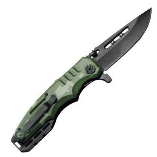 Army Green Camo Handle Spring Assisted Open Linerlock S. Steel Folding Knife w/ Pocket Clip & Belt Sheath  Hunting Folding Knives  Sports & Outdoors