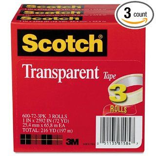 Scotch Transparent Tape 600 72 3PK, 1" x 2592", 3" Core, Transparent, 3 Rolls
