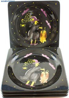 Laurie Gates Witch Handpainted Halloween Square Dinner Plates, Set of 4 Salad Plates Kitchen & Dining
