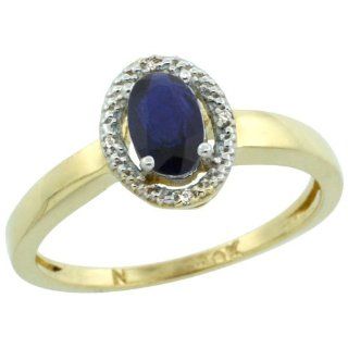 10k Yellow Gold Diamond Halo Lab Created Blue Sapphire Ring 0.64 Carat Oval Shape 6X4 mm, 3/8 inch (9mm) wide, sizes 5 10 Jewelry