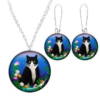 Tuxedo Cat Mother of Pearl Necklace and Earrings  