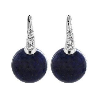 Sterling Silver 14mm Round Grade A Blue Lapis Ball with Clear CZ Leverback Dangle Earrings Jewelry