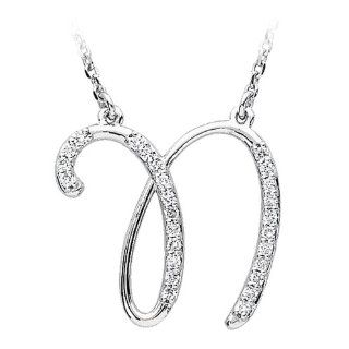 Diamond Script Initial Necklace in Sterling Silver, Letter N Jewelry