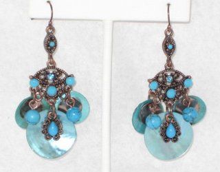 Mother of Pearl Chandeliers Earring with Rhinestones and Turquoise Beads