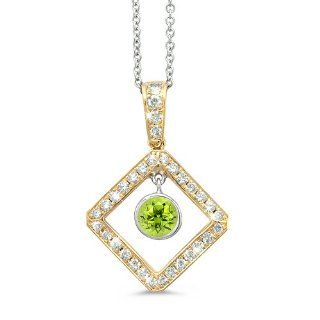 Diagonal Square And Circle Diamond Pendant In 18K Yellow Gold With A 0.50 ct. Genuine Peridot Center Stone. Pendant Necklaces Jewelry