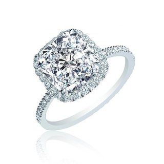 GIA Certified Halo Cushion & Round Cut Diamond Engagement Ring 2.12 Carat 18K White Gold Jewelry