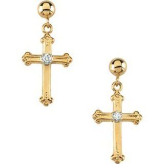 Diamond Cross Dangle Earring in 14k Yellow Gold Jewelry