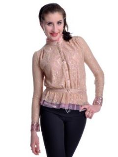 Anna Kaci S/M Fit Pink Tulle Trim Sequin Embellished Cuffs Peplum High Neck Top