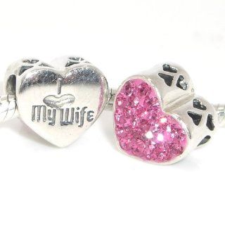 Pro Jewelry .925 Sterling Silver "I Love My Wife Heart w/ Pink Crystal" Charm Bead for Snake Chain Charm Bracelet 4133 Jewelry