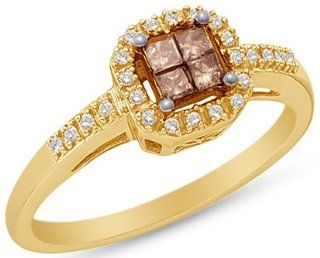 10K Yellow Gold Halo Invisible Set Princess and Round Cut Chocolate Brown and White Diamond Engagement Ring OR Fashion Band   Square Princess Shape Center Setting   (1/4 cttw.) Jewelry
