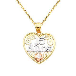 14K 3 Tri color Gold 15 A�os Heart Charm Pendant with Yellow Gold 1.2mm Classic Rolo Cable Chain Necklace with Spring ring Clasp   Pendant Necklace Combination (Different Chain Lengths Available) Jewelry