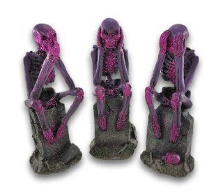 Set of 3 See, Hear, Speak No Evil Skeletons Sitting on Headstone Figurines   Statues