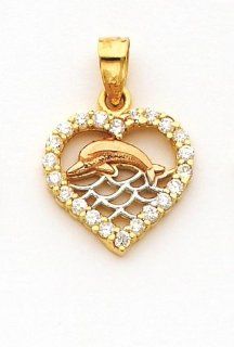 14k Gold Charm Heart Dolphin with Round Cz Jewelry