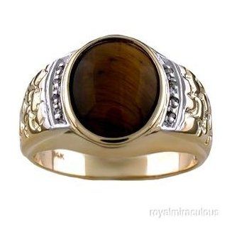 Mens Gold Ring Diamond Tiger's Eye (birthstone) 14K Yellow or White Gold Jewelry