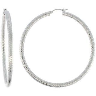 Surgical Steel Tube Hoop Earrings 2 3/4 inch Round 4 mm wide Tight Zigzag Pattern, feather weight Jewelry