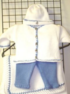 Cpk673bk, Knitted on Hand Knitting Machine Bleached White Cardigan Sweater, Hat Trimmed By Hand Crochet with Denim Cotton Denim Cotton Pants and Blanket Newborns and Infants Clothing