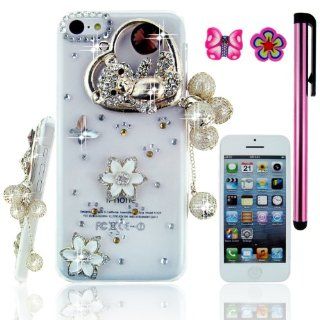 FiMeney Handmade Golden Crystal Diamond Rhinestones Love Heart Bear Pearls Pendant White Camellia Clear Transparent Back Hard Protective Case Cover Shell For Apple iPhone 5C + Cleaning Cloth + 2013 Calendar Card + Pink Stylus Pen + Pink Butterfly And Sakur