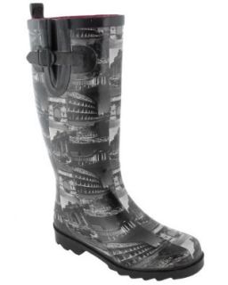 Capelli New York All Over Rome Printed Ladies Tall Sporty Rubber Rain Boot Black Combo 7 Shoes