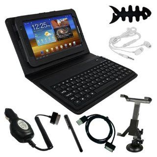 7 Accessories for Samsung Galaxy Tab 7.0 Plus P6210Premium Skque Black Leather Case with Bluetooth Keyboard+Fish Bone Holder+White New 3.5mm Earphone Headset w/mic+USB Data Cable+Black Stylus Pen+Car Charger with Cable 2100mA Output+Car Mount Holder Comp