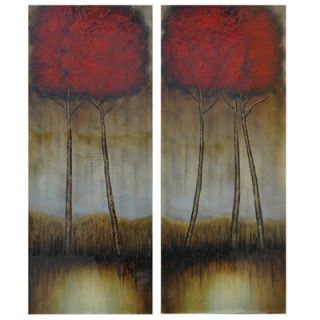 Crestview Red Trees Stretched Canvas High Gloss Oil Painting (Set of 2