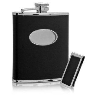 Aeropen Flask + Funnel + Money Clip   3 Piece Set ( Black Bonded Leather Wrap with Oval Convex Flask ) Model No. GFM 706  Beauty