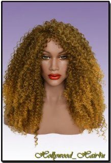 Hollywood_hair4u   Long Extra Curly Afro Style T4/27 Brown with Blond Tips Sun Kissed Wig Kanekalon Heat Resistant Synthetic Fiber Wig with Packed Roots Top *NEW*  Hair Replacement Wigs  Beauty