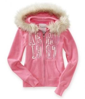 Aeropostale Juniors Zip Up Faux Fur Hooded Sweater 682 L Clothing