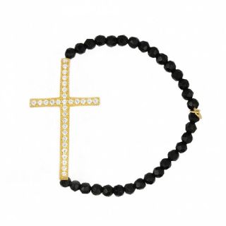 Cubic Zirconia Cross and Onyx Beads Strand Bracelet
