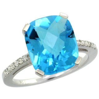 14k White Gold Large Rectangular Stone Ring w/ 0.13 Carat Brilliant Cut Diamonds & 5.00 Carats Cushion Cut (12x10mm) Swiss Blue Topaz Stone, 1/2 in. (12mm) wide, size 8 Jewelry
