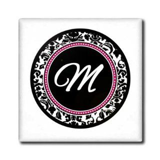 ct_154605_2 InspirationzStore Monograms   Letter M stylish monogrammed circle   girly personal initial personalized black damask with hot pink   Tiles   6 Inch Ceramic Tile   Decorative Tiles