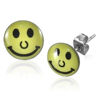 E697 E697 7mm Stainless Steel Smiling Smiley/ Emoticon Circle Stud Earrings Jewelry
