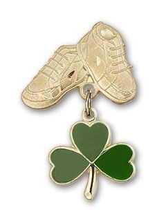 14kt Gold Baby Badge with Shamrock Charm and Baby Boots Pin Jewelry