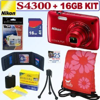 Nikon COOLPIX S4300 16 MP Digital Camera (Red) + 16GB Accessory Kit  Point And Shoot Digital Camera Bundles  Camera & Photo