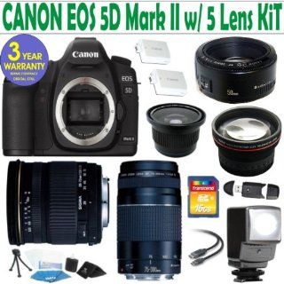 Canon EOS 5D Mark II 5 Lens Deluxe Kit with Sigma 28 70 F2.8 4 DG Lens   Canon EF 75 300mm f/4 5.6 III Telephoto Zoom Lens   Canon 50mm 1.8 Lens   .40x Fisheye Lens   2.2x Telephoto Lens   16 GIG Memory Card   3 Year Celltime Warranty  Digital Camera Acce