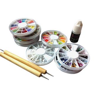 8PCS Wheel Nail Art Rhinestone Kit within 2 Dotting Tool 1 Nail Glue