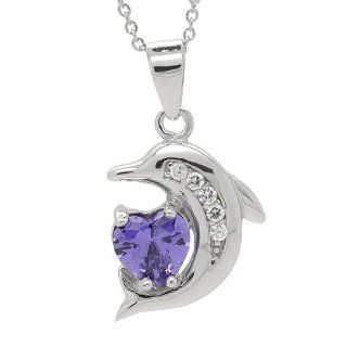 .925 Sterling Silver Cz Heart Shaped Simulated Amethyst Color Prong Set Cute Dolphin Pendant Ncklace 18' Fappac Jewelry