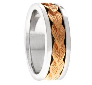 Men's Two Tone 18k White Rose Gold Leaf 7mm Comfort Fit Wedding Band Ring American Set Co. Jewelry
