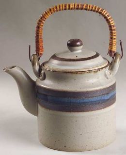 Otagiri Horizon Teapot & Lid, Fine China Dinnerware   Gray With Blue Stripes, St