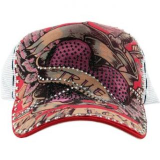 Red and White True Love Rhinestone Studded Heart Tattoo Cap   Ed Hardy Style Clothing