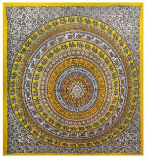 Yellow & Blue Elephant Circle Indian Tapestry   Mandala Wall Hanging for Dorms  