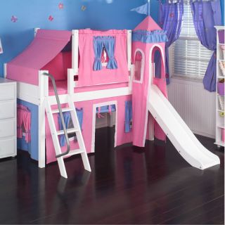 Low Loft Bed with Angle Ladder, Slide, Tower, Top Tent and Curtain