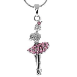 1 1/2" Ballerina Figure With Pink Crystal Silver Pendant and 16" Snake Chain Jewelry