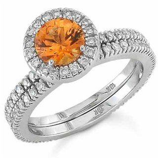 18Kt White Gold Mandarin Garnet Diamond Wedding Ring Set Jewelry