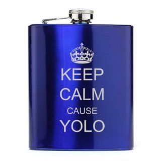 Blue 7oz Stainless Steel Hip Flask FS250 Keep Calm and YOLO Crown Alcohol And Spirits Flasks Kitchen & Dining